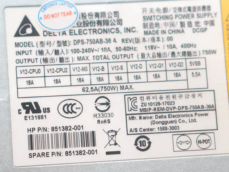HP DPS-750AB-36 851382-001 Fuente de alimentación